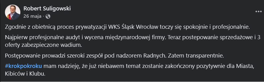 Screen z Facebooka Radnego Roberta Suligowskiego